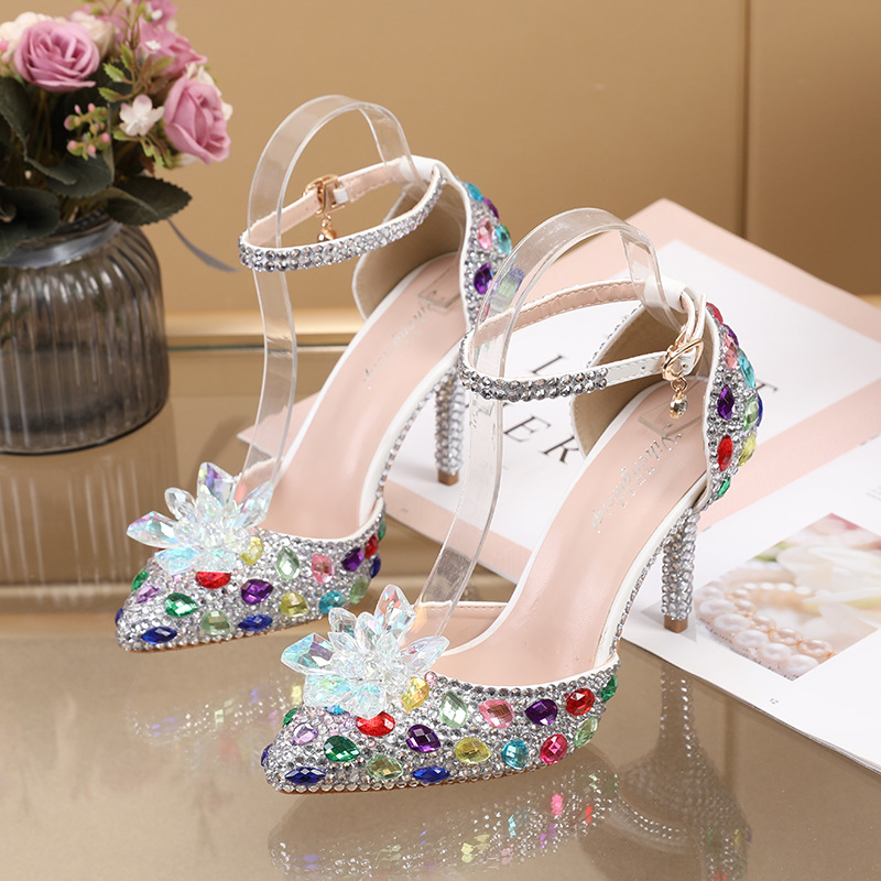 Crystal Rhinestone Pointed Toe Ankle Strap Wedding Heels