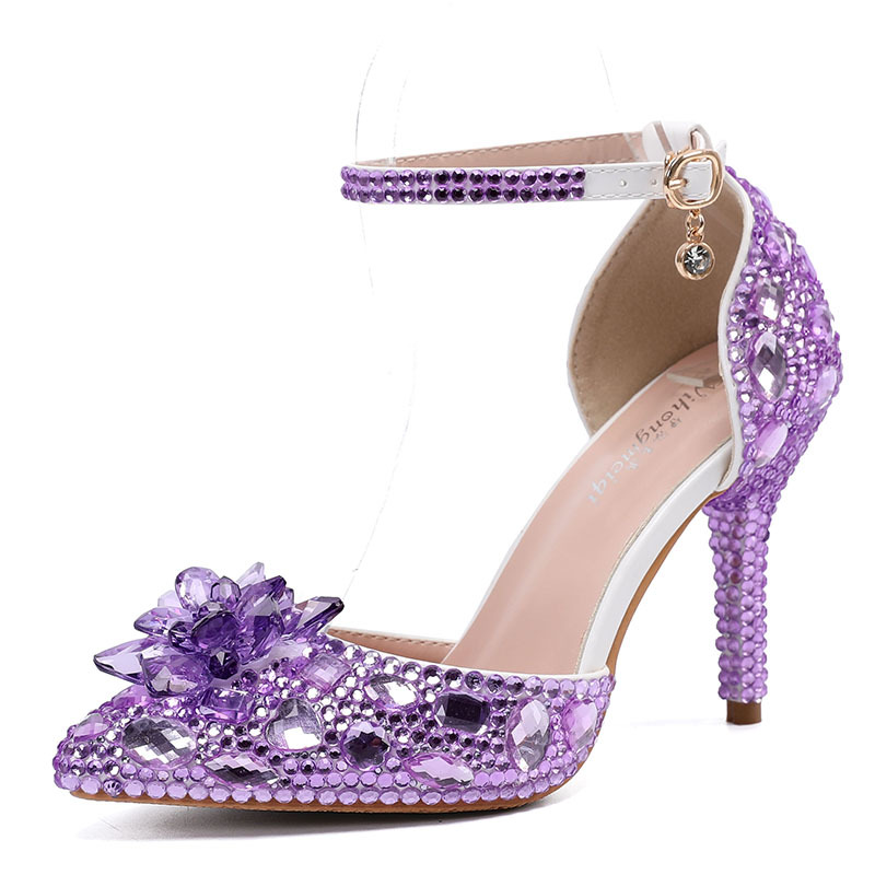 Crystal Rhinestone Pointed Toe Ankle Strap Wedding Heels