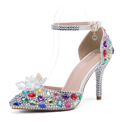 Crystal Rhinestone Pointed Toe Ankle Strap Wedding Heels