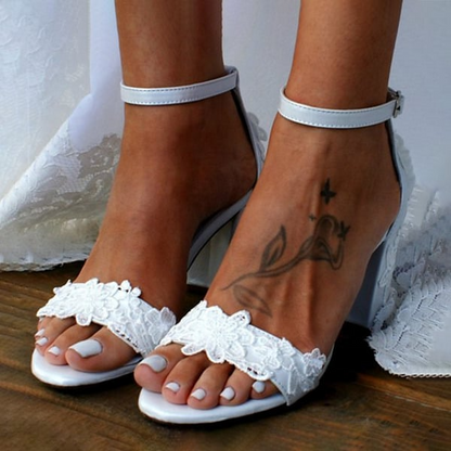 Open Toe Lace Block Heel Ankle Strap Wedding Sandals