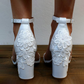 Open Toe Lace Block Heel Ankle Strap Wedding Sandals