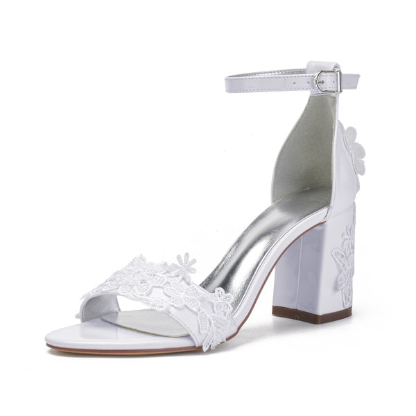 Open Toe Lace Block Heel Ankle Strap Wedding Sandals