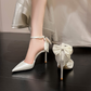 White Bowknot Back Stiletto Heel Point Toe Wedding Shoes