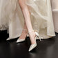 White Bowknot Back Stiletto Heel Point Toe Wedding Shoes