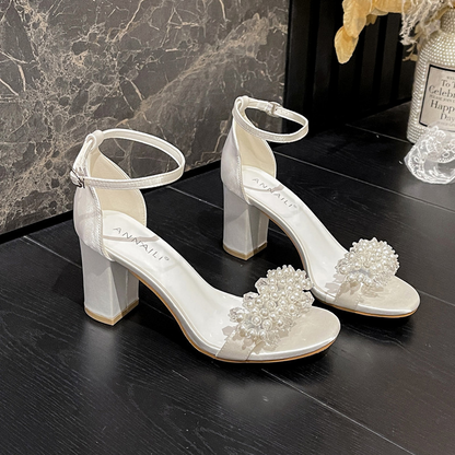 Pearl Embellished Block Heel Open Toe Wedding Shoes