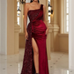 Sheath One-Shoulder Sequin Sweep Train Elastic Woven Satin Bridesmaid Dress