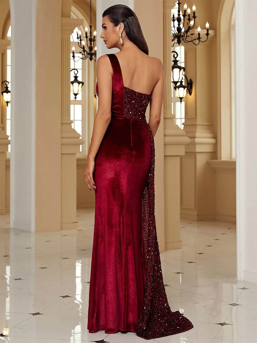 Sheath One-Shoulder Sequin Sweep Train Elastic Woven Satin Bridesmaid Dress