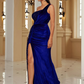 Sheath One-Shoulder Sequin Sweep Train Elastic Woven Satin Bridesmaid Dress