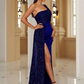 Sheath One-Shoulder Sequin Sweep Train Elastic Woven Satin Bridesmaid Dress