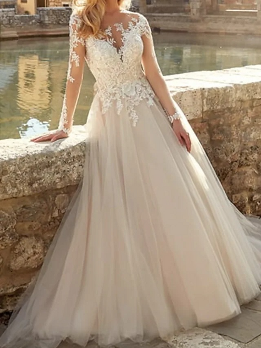 Lace Ball-Gown Long Sleeves Wedding Dresses With Romantic Tulle