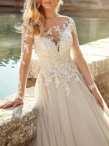 Lace Ball-Gown Long Sleeves Wedding Dresses With Romantic Tulle