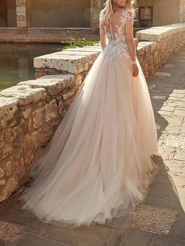 Lace Ball-Gown Long Sleeves Wedding Dresses With Romantic Tulle