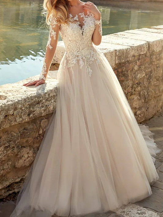 Lace Ball-Gown Long Sleeves Wedding Dresses With Romantic Tulle