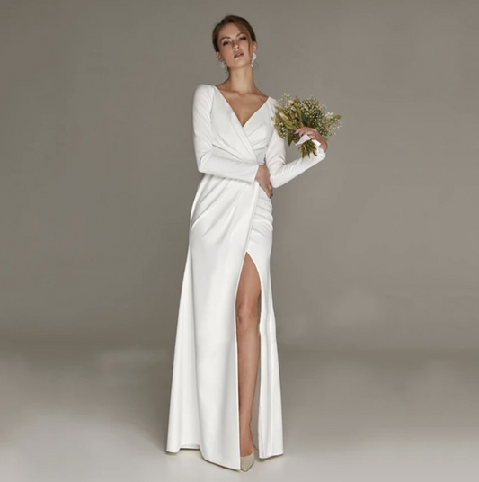 Column V-Neck Sweep Train Chiffon Wedding Dress With Split Front