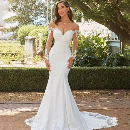 Mermaid Sweetheart Sweep Train Elastic Satin Wedding Dress With Appliques Lace