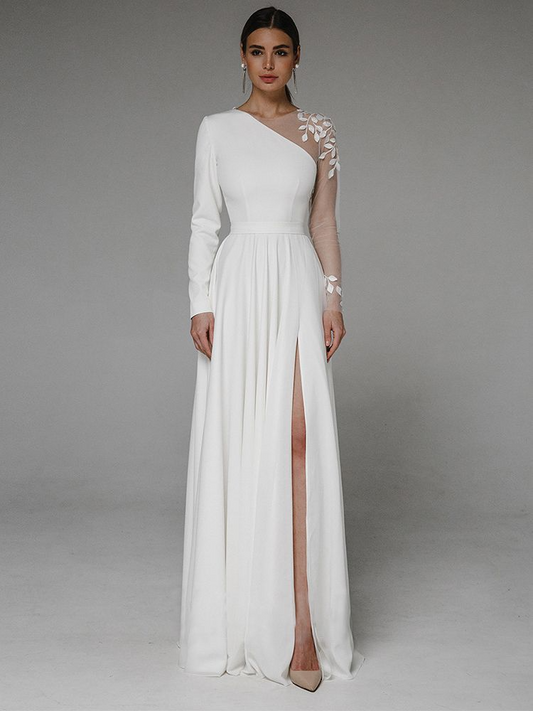 A-Line Scoop Neck Long Sleeves Sweep Train Wedding Dresses With Split Front