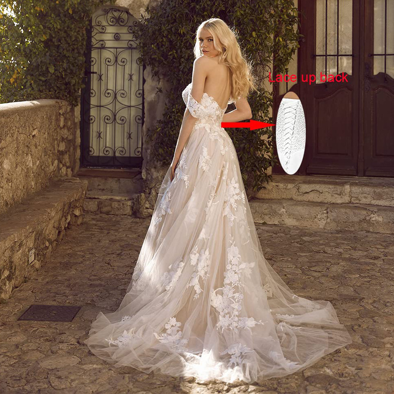 Princess Off-Shoulder Sweep Train Tulle Lace Wedding Dresses With Appliques Lace