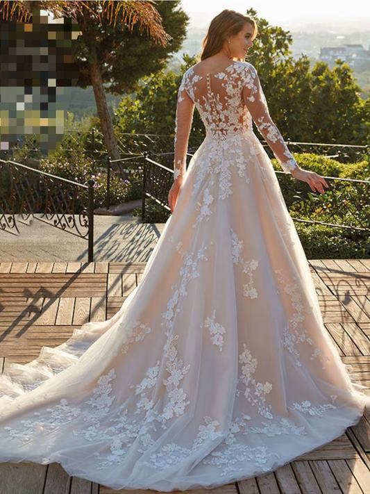 White A-Line Illusion Neck Long Sleeves Lace Wedding Dresses