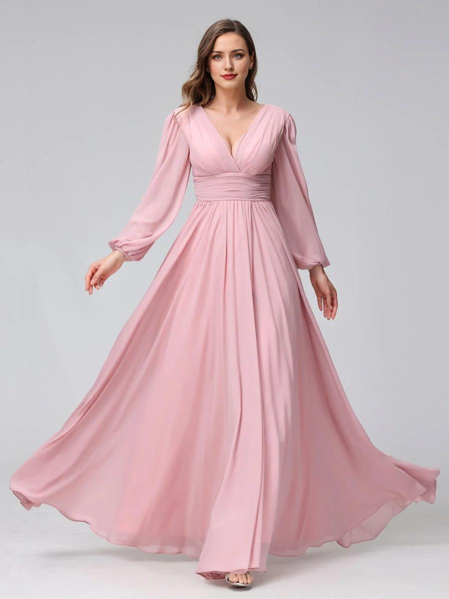 A-Line V-Neck Long Sleeves Chiffon Wedding Dress