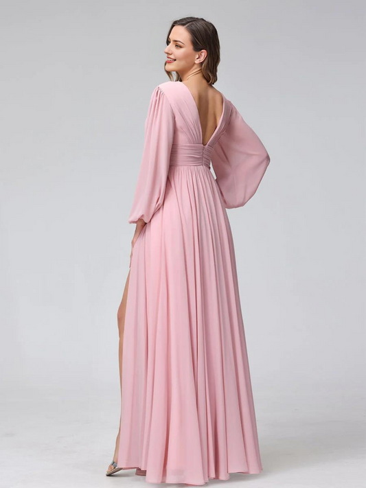 A-Line V-Neck Long Sleeves Chiffon Wedding Dress