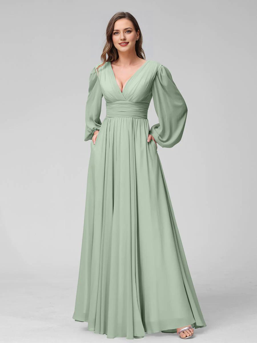 A-Line V-Neck Long Sleeves Chiffon Wedding Dress