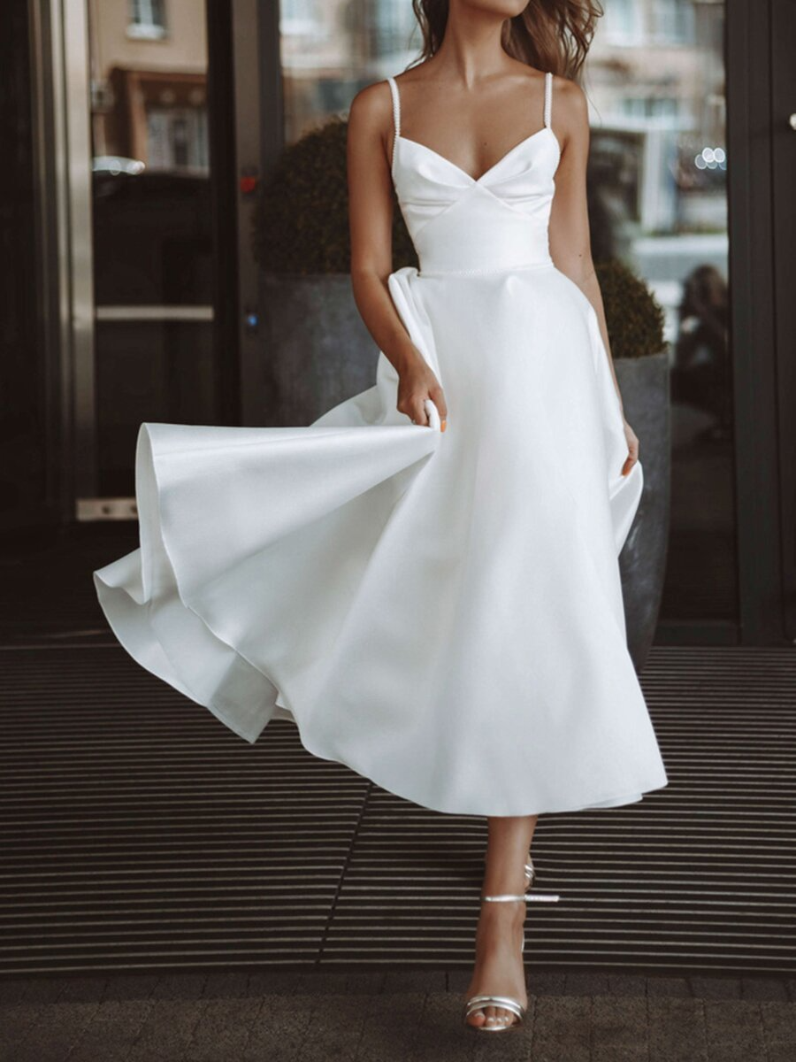 Simple Sleeveless Tea Length Wedding Dress