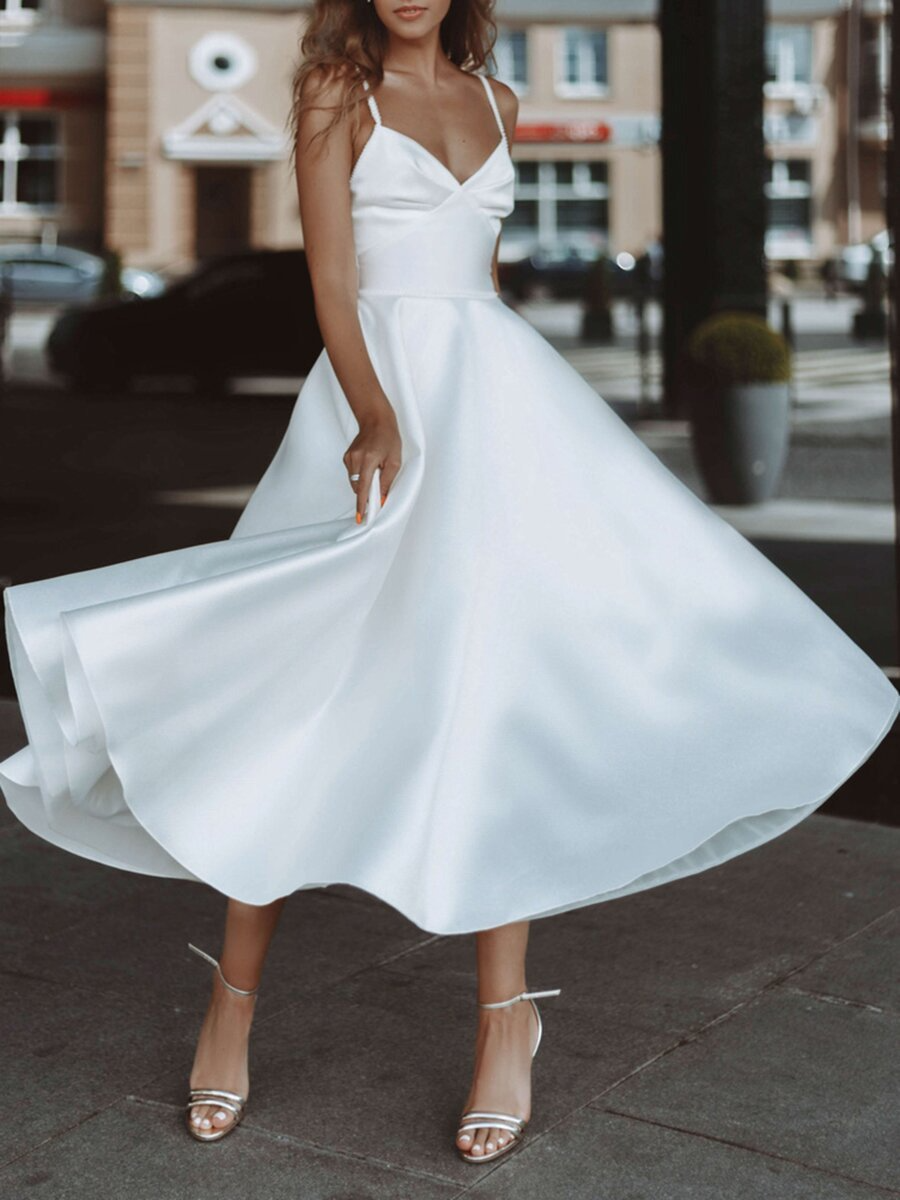 Simple Sleeveless Tea Length Wedding Dress