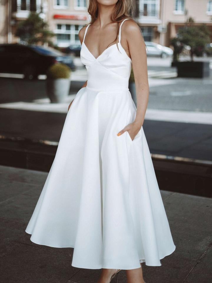 Simple Sleeveless Tea Length Wedding Dress