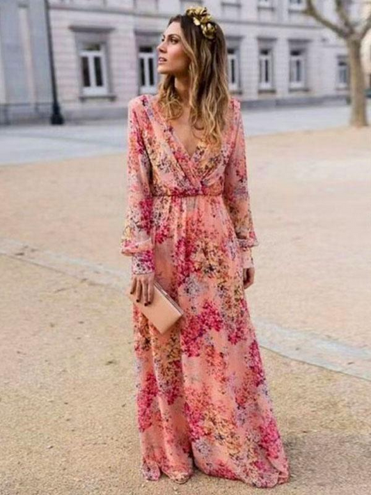 Pink V-Neck Long Sleeves Printed Maxi Dress