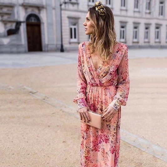 Pink V-Neck Long Sleeves Printed Maxi Dress