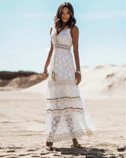 Deep V-Neck Lace Embroidered Hollow Maxi Dress