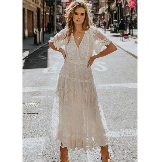 White V-Neck Short Sleeves Lace Applique Floor Length Maxi Dress