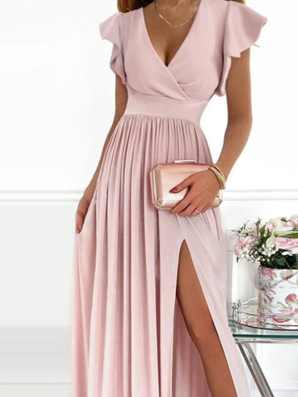 V-Neck Surplice Tank Flutter Sleeves Maxi Prom Dress