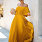 Bateau Neck Half Sleeves Pleated Asymmetrical Floor Length Maxi Dress