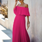 Bateau Neck Half Sleeves Pleated Asymmetrical Floor Length Maxi Dress