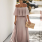 Bateau Neck Half Sleeves Pleated Asymmetrical Floor Length Maxi Dress