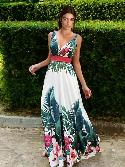 White V-Neck Floral Printed Sleeveless Layered Floor Length Maxi Dress