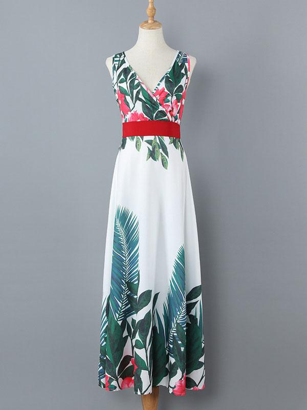 White V-Neck Floral Printed Sleeveless Layered Floor Length Maxi Dress