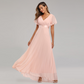 V-Neck Short Sleeves Semi Formal Chiffon Maxi Prom Dress