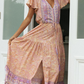 V-Neck Short Sleeves Floral Print Pleated Lace Up Maxi Dress