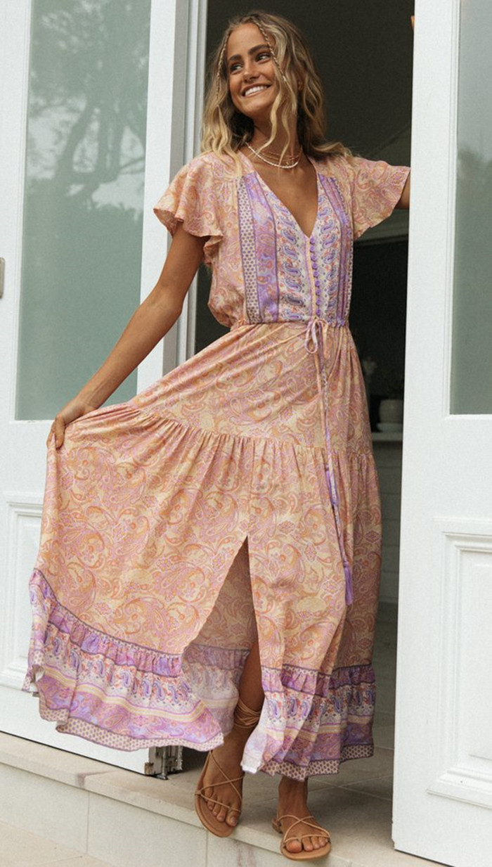 V-Neck Short Sleeves Floral Print Pleated Lace Up Maxi Dress