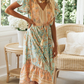 V-Neck Short Sleeves Floral Print Pleated Lace Up Maxi Dress