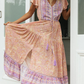 V-Neck Short Sleeves Floral Print Pleated Lace Up Maxi Dress