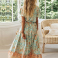 V-Neck Short Sleeves Floral Print Pleated Lace Up Maxi Dress