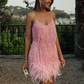 Spaghetti Straps Tassel Feather Hem Mini Party Dress
