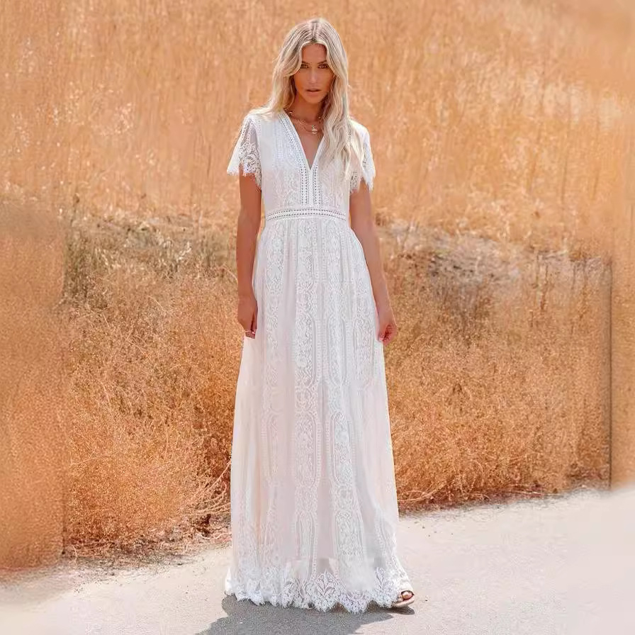 V-Neck Half Sleeves Lace Bohemian Floor Length Maxi Dress