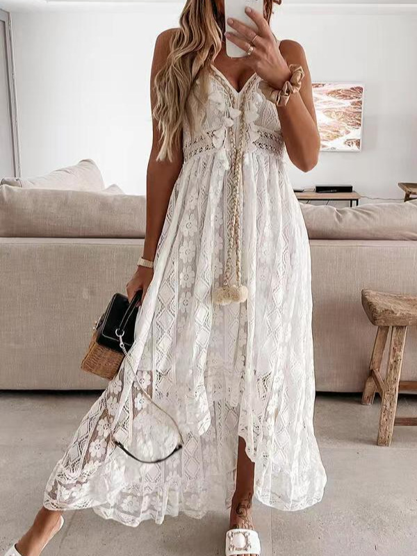 Off-The-Shoulder Sleeveless Lace Fringe Casual Dress