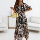 V-Neck Short Sleeves Floral Print Pleated Layered Casual Maxi Dress