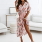 V-Neck Short Sleeves Floral Print Pleated Layered Casual Maxi Dress