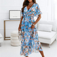 V-Neck Short Sleeves Floral Print Pleated Layered Casual Maxi Dress